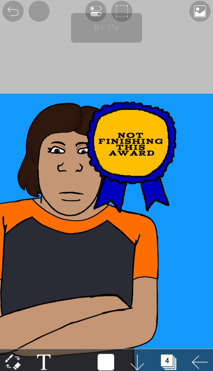 blugetoffsoybooru, markiplier soyjak, female markiplier, 1soyjak, award, blue background, brown skin, closed mouth, dan bykes, daniella