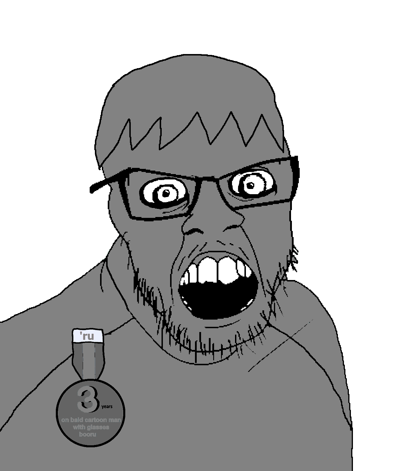 feraljak, 1soyjak, 3 years on bald man with glasses booru, award, boorum, broom, clothes, front view, glasses, gray hair