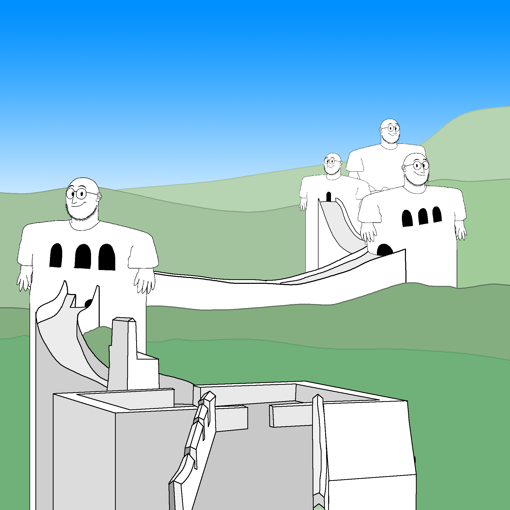 weirdpenis, wide penis, arm, blue background, closed mouth, ear, glasses, great wall of china, half body, hands
