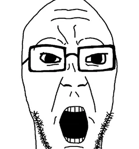 ericjak, fusionjaks, 1soyjak, bald, black eyes, chuddy eyes, front view, glasses, looking at you, open eyes