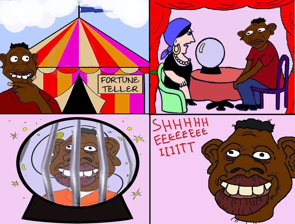 sheeeit, 'toss, black eyes, black hair, black skin, brown skin, chair, circus tent, clothes, comic