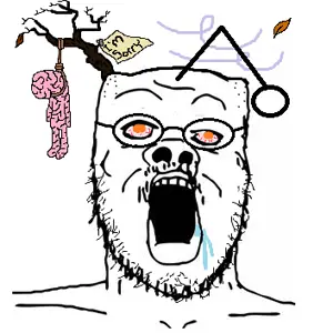 a24 slowburn soyjak, antenna, brain, brainlet, cross eyed, drool, glasses, hanging, leaf, open mouth