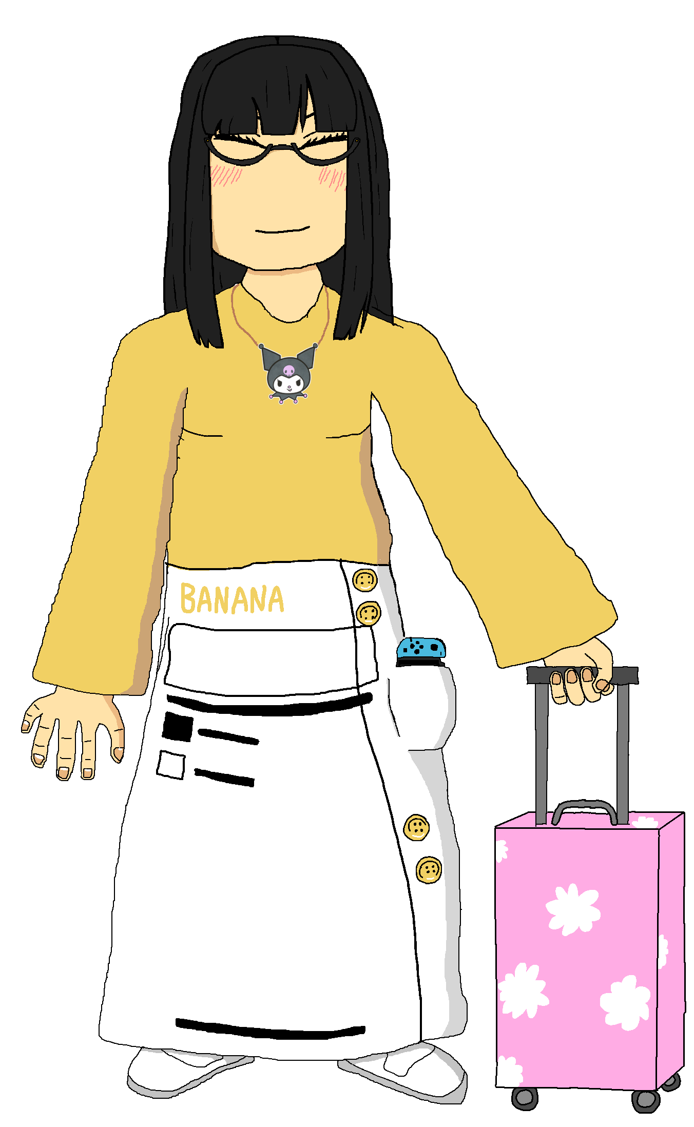 kuromi (sanrio), soychang, soytan, banana, black hair, closed mouth, dress, food, fruit, full body
