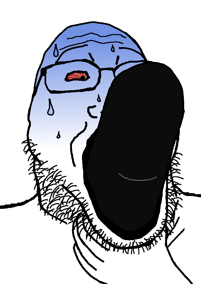 markiplier soyjak, 1soyjak, asphyxiation, bald, black eyes, blackpill, blue skin, eating, glasses, hand on neck