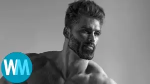 gigachad, black and white, black hair, buff, closed mouth, gray skin, hair, logo, looking to the right, watchmojo