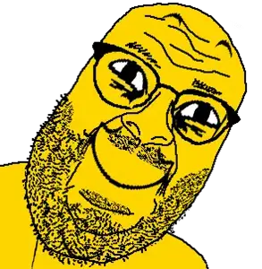 its out get in here, beard, closed mouth, glasses, smile, soyjak, yellow, yellow skin, yoba face
