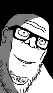 stu, closed mouth, ear, fat, glasses, ominous, smile, soyjak, stubble