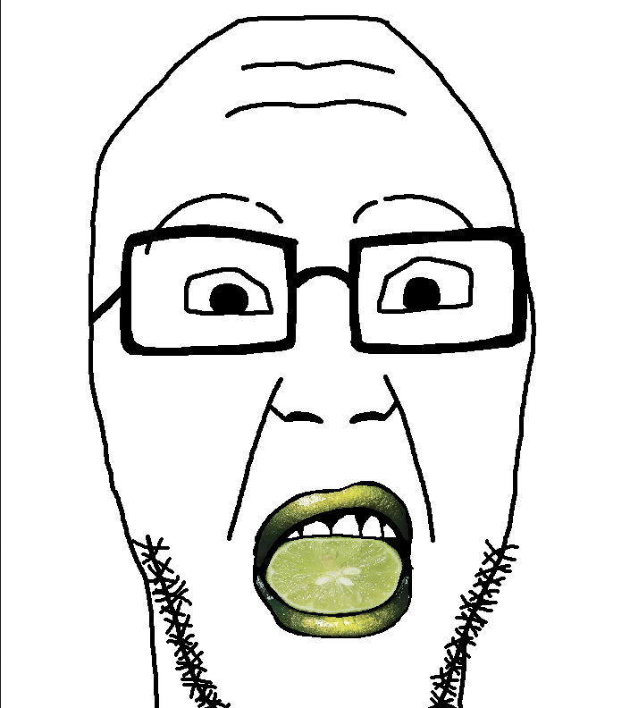 ericjak, bitchjaks, 1soyjak, bald, black eyes, food, front view, fruit, glasses, lime