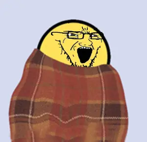 soyak, blanket, comfy, glasses, open mouth, soyjak, stretched mouth, stubble, yellow, yellow skin