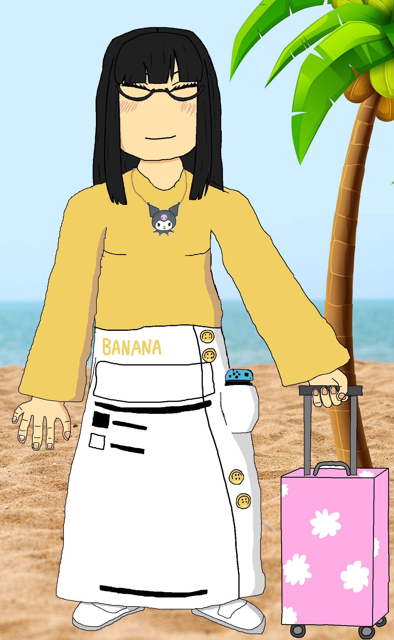 kuromi (sanrio), soychang, soytan, banana, beach, black hair, closed mouth, dress, food, fruit