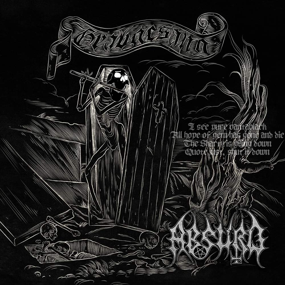 gapejak, wholesome soyjak, skeletonjak, absurd (band), album cover, bald, black metal, black skin, front view, full body