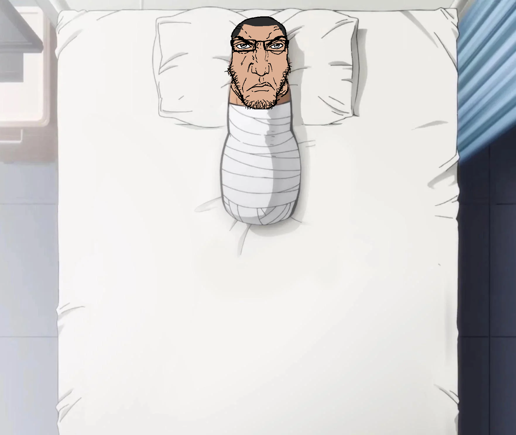 retsu kaioh, markiplier soyjak, science lover, punisher face, 1soyjak, amputee, angry, anime, bandage, bandages