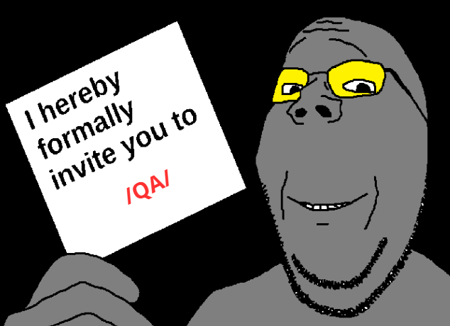 gapejak, wholesome soyjak, /qa/ (4chan), 1soyjak, bald, beard, black background, black eyes, closed mouth, glasses
