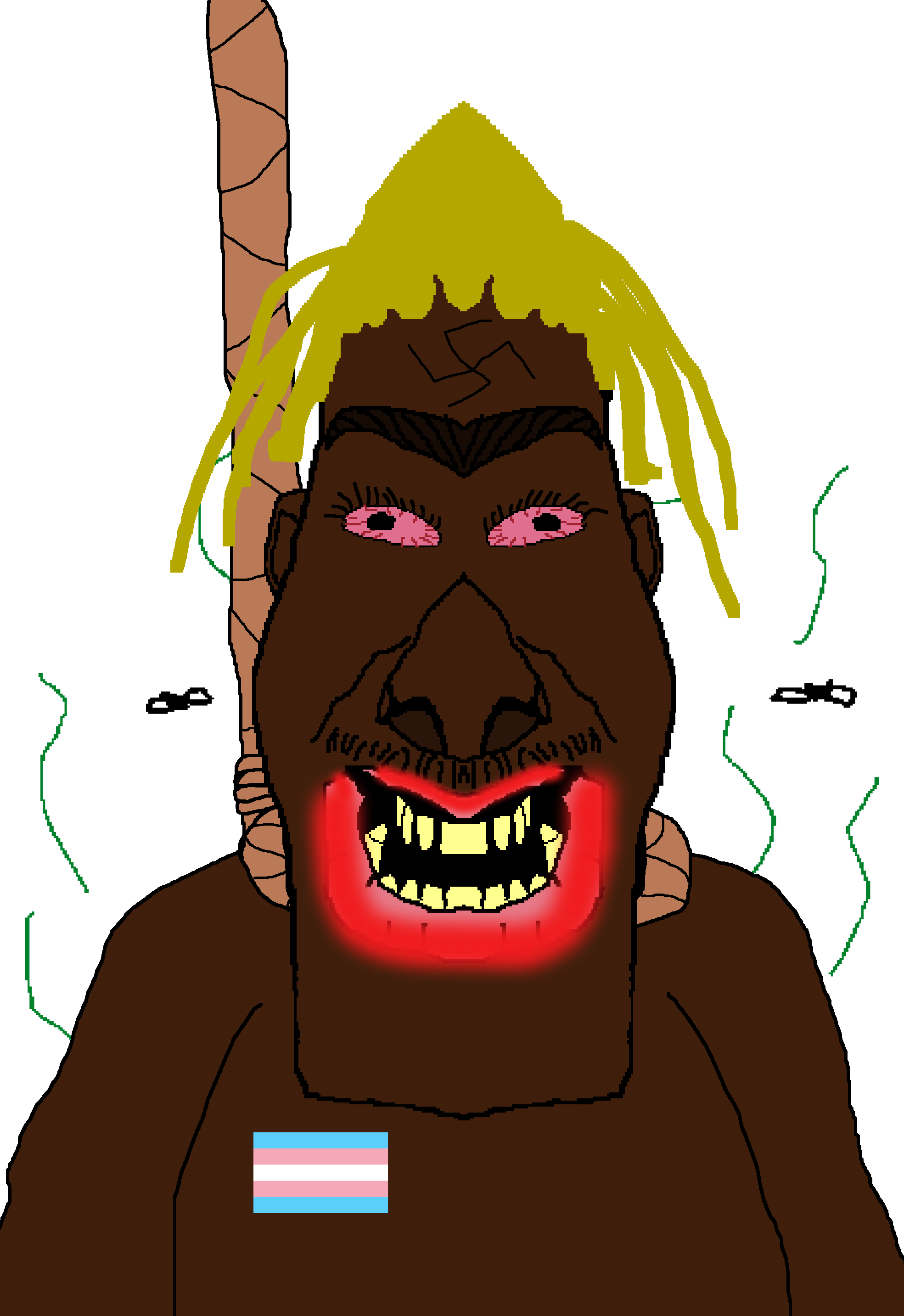 smelly personrix, ack, black eyes, blonde hair, bloodshot eyes, brown skin, dead, front view, hair, half body