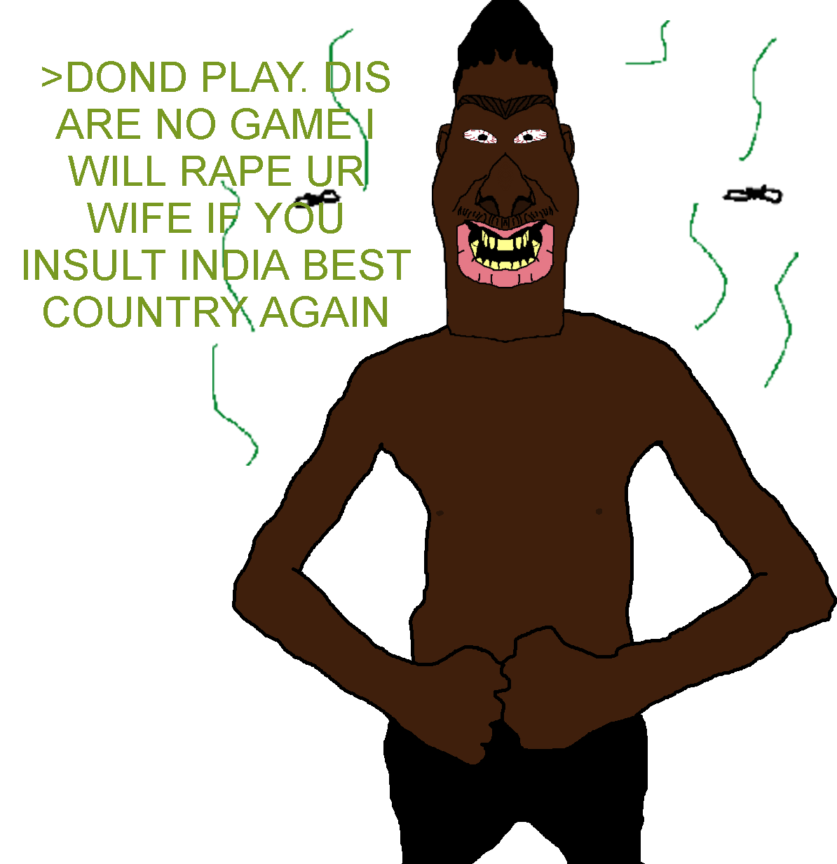 smelly personrix, angry, black eyes, brown skin, front view, greentext, hair, half body, half open mouth, looking at you