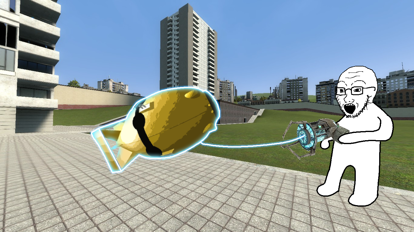 soyak, arm, background, bomb, building, full body, gm construct, holding object, laser, leg