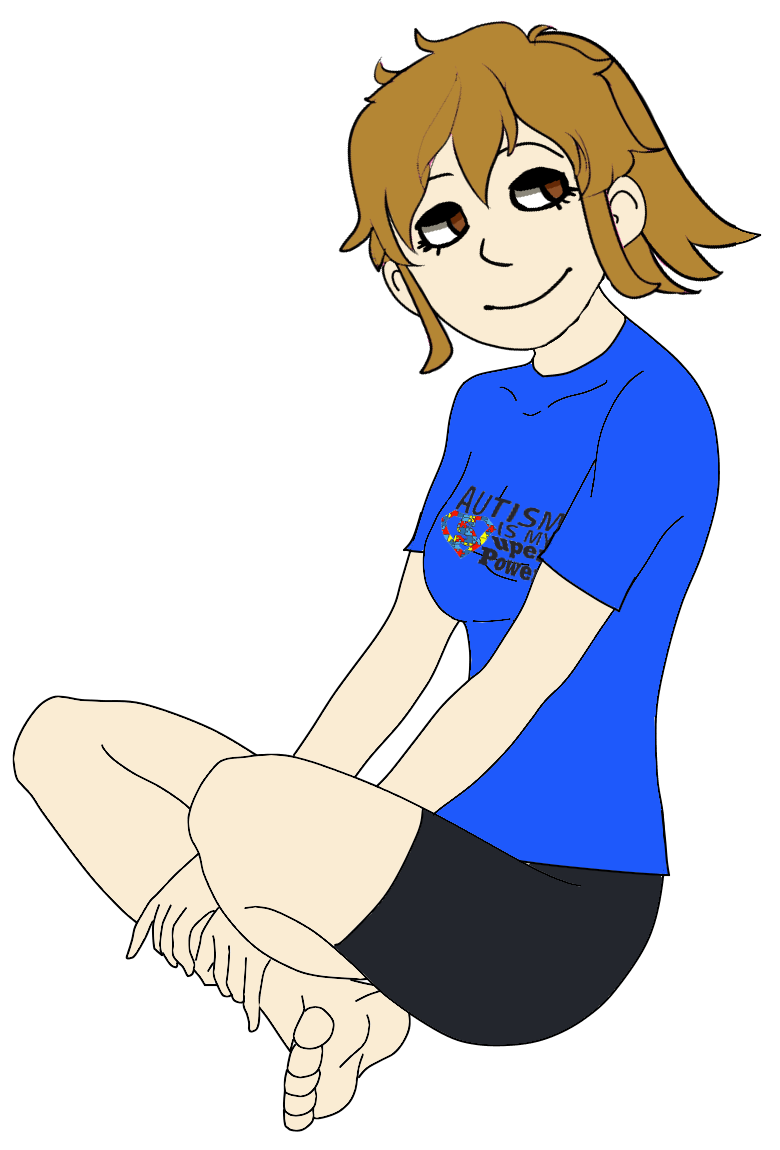 ashbie moon, autism is my superpower, blue shirt, brown eyes, brown hair, clothes, feet, female, full body, hair