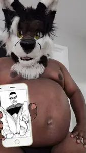 chudjak, belly, brown skin, cleavage, fat, feet, furry, fursuit, holding object, holding phone