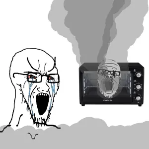 a24 slowburn soyjak, soyak, 2soyjaks, bloodshot eyes, crying, dead, glasses, large eyebrows, microwave, open mouth