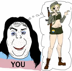 alicia, hair, makeup, menhera chan, smile, smug, soyjak, stubble, text, thought bubble