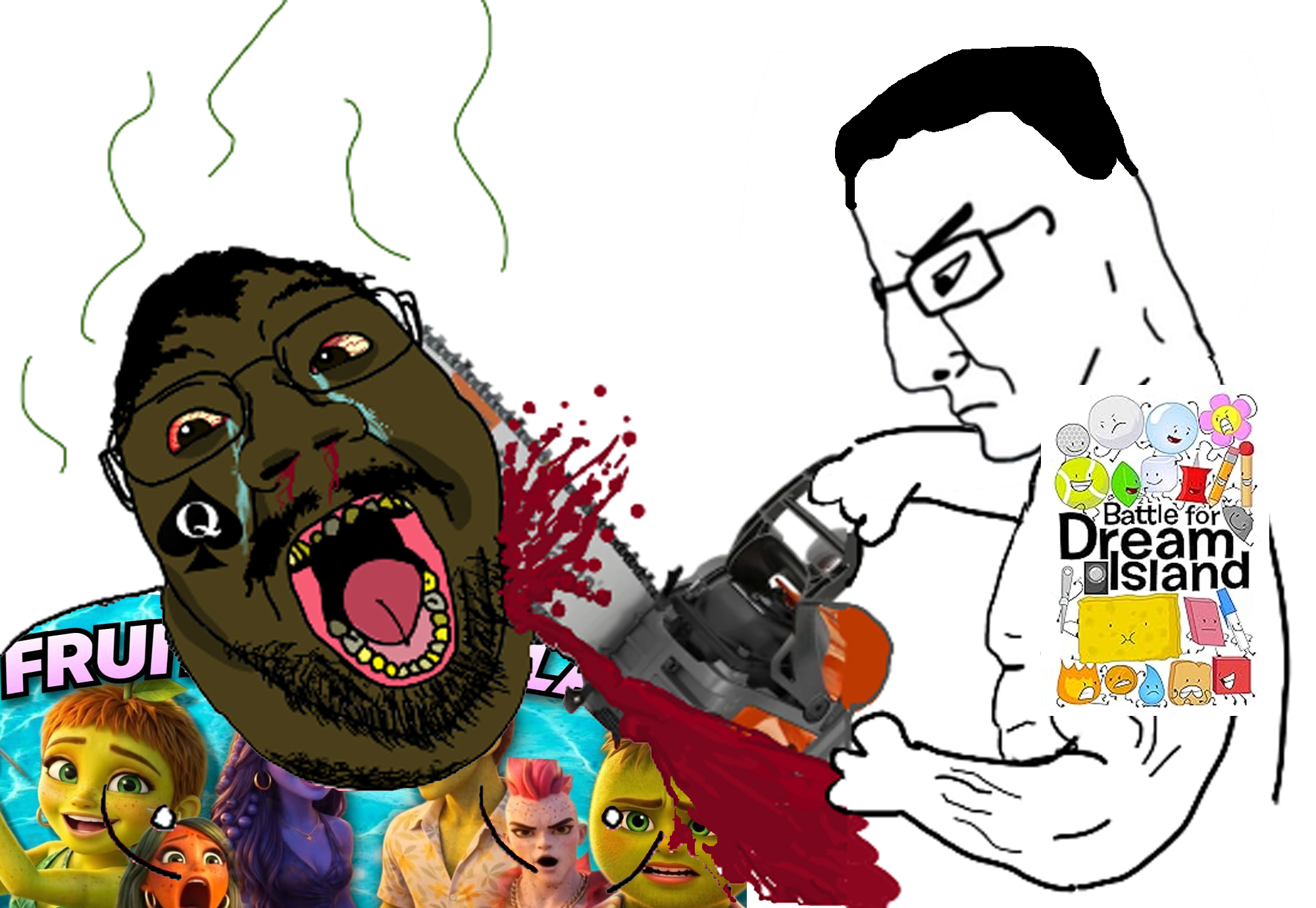 bernd, chudjak, chainsaw bernd, artificial intelligence, black hair, black skin, blood, bloodshot eyes, buff, chainsaw