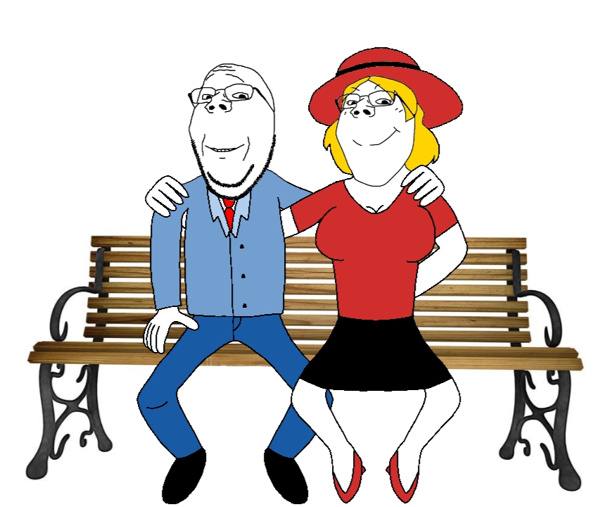 gapejak, female gapejak, wholesome soyjak, femjak, 2soyjaks, arm, bald, bench, blonde hair, blue shirt