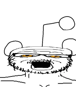a24 slowburn soyjak, antenna, ear, glasses, no nose, open mouth, orange eyes, reddit, soyjak, squished