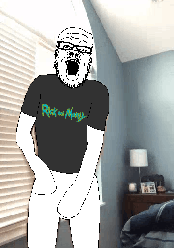 greenfag, a24 slowburn soyjak, 1soyjak, animated, bald, black eyes, floss (dance), front view, full body, irl background