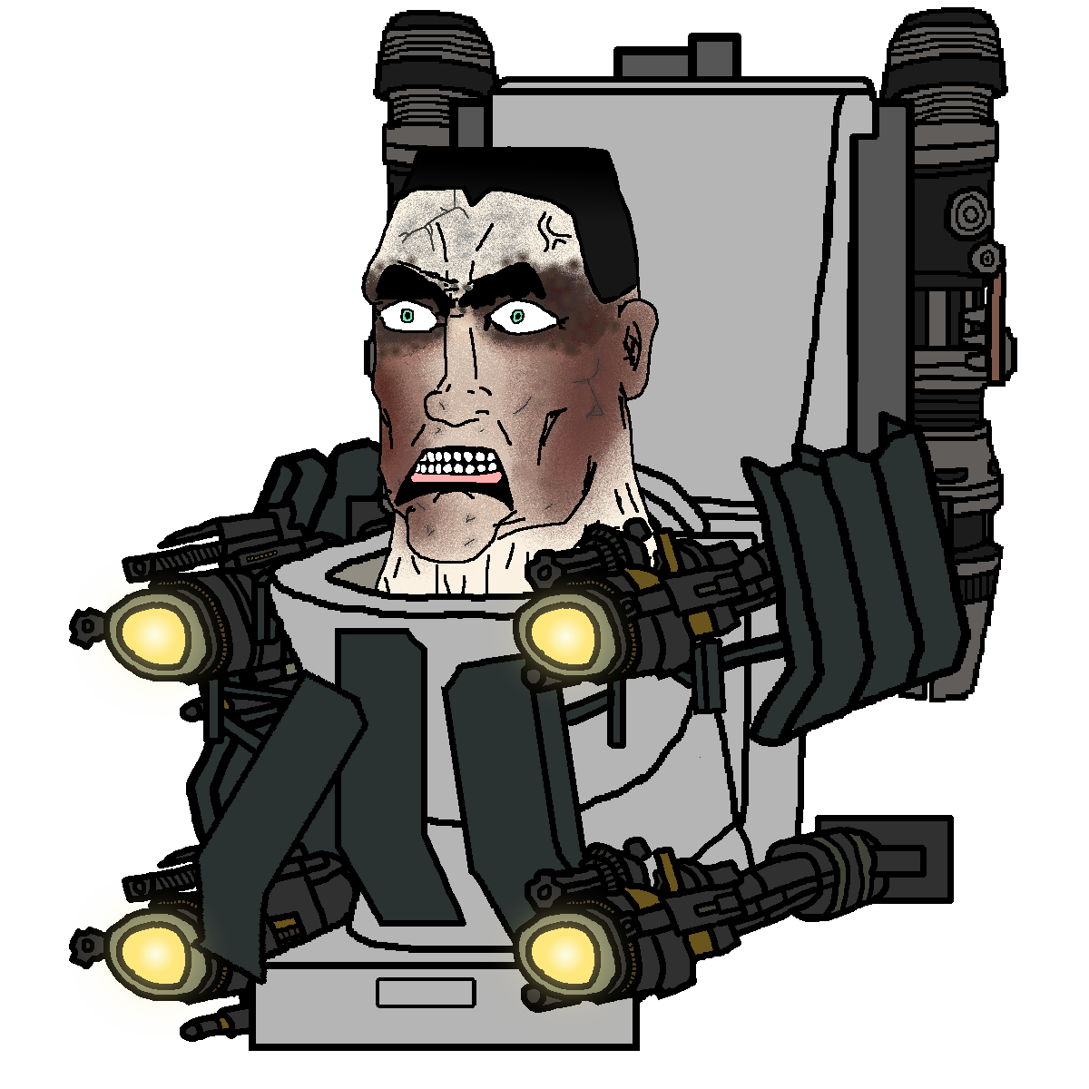 chudjak, perceptive chud, 1soyjak, angry, armor, black hair, burnt, damaged, ear, g-toilet