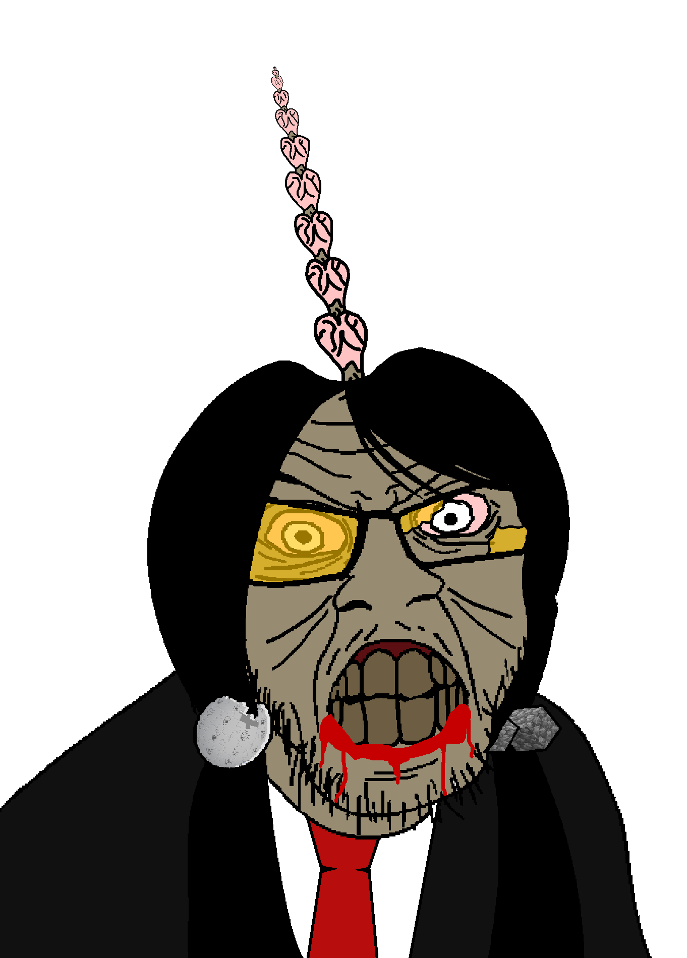 feraljak, blood, bloodshot eyes, broken glasses, clothes, gray skin, grey teeth, hair, retard, retarded
