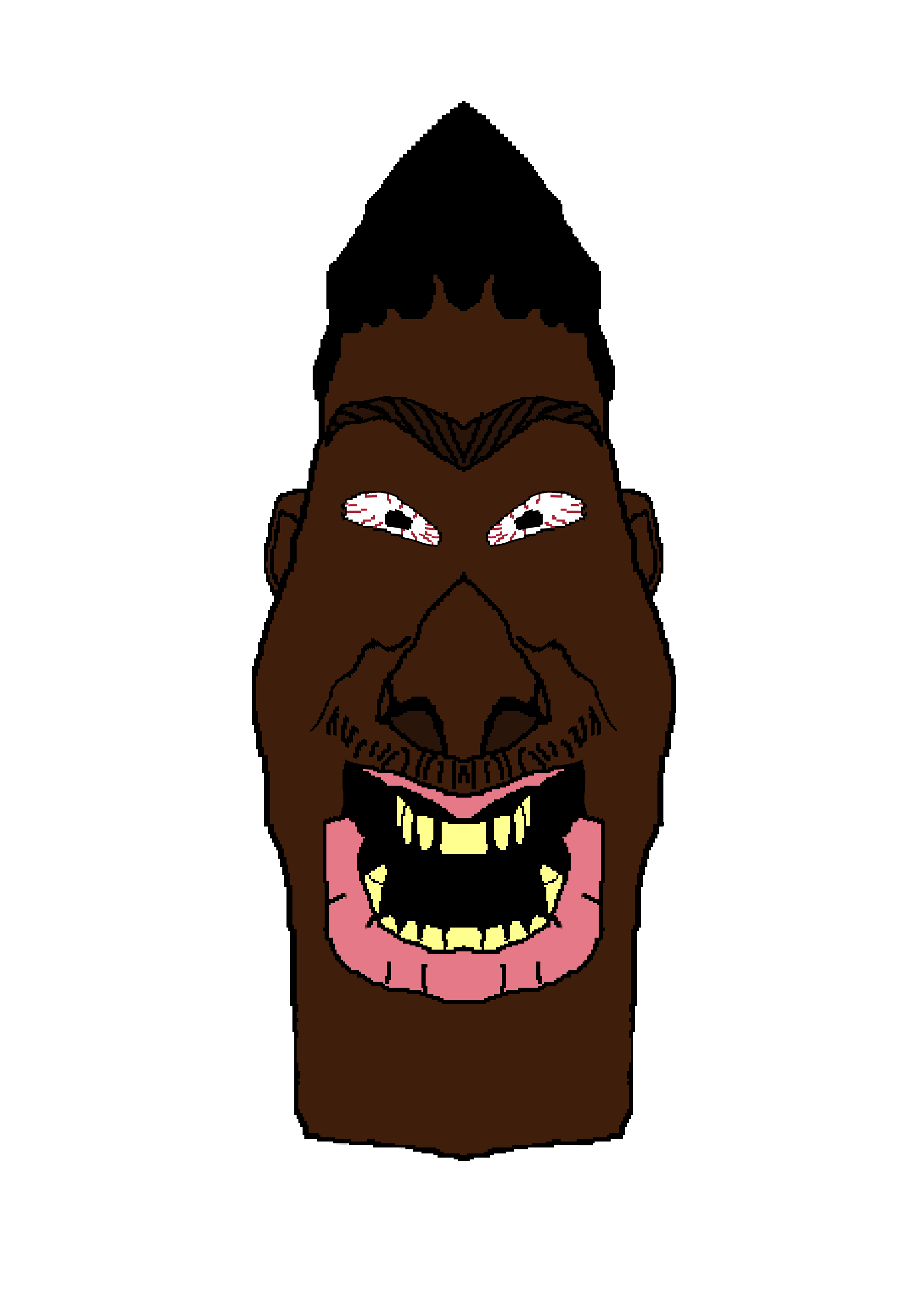 smelly personrix, big lips, big nose, black eyes, black hair, brown skin, front view, gape, hair, happy