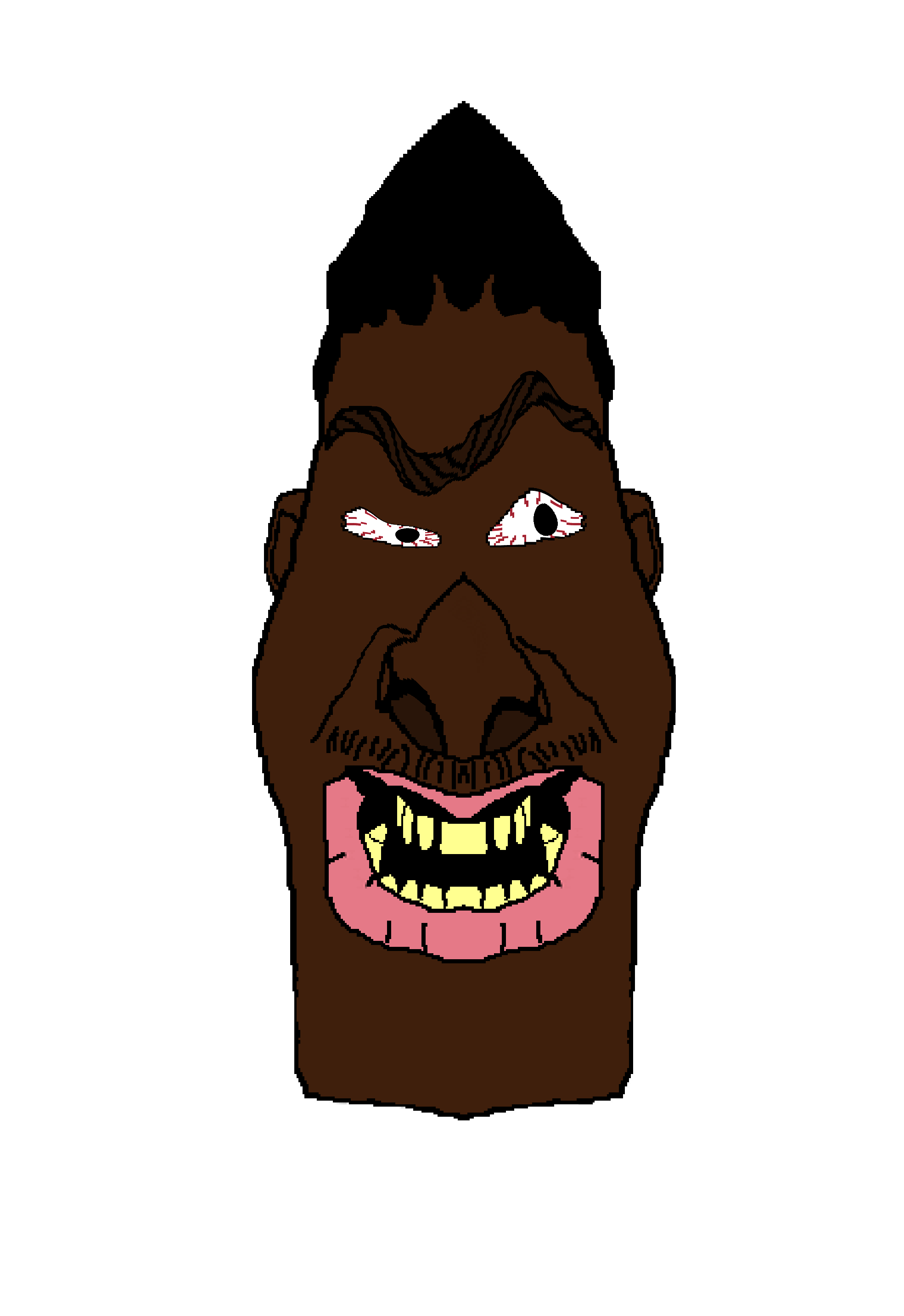 smelly personrix, big lips, big nose, black eyes, black hair, brown skin, confused, front view, hair, happy
