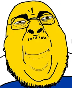 chugsjak, closed mouth, clothes, fat, glasses, smile, soyjak, stubble, yellow skin, yoba face