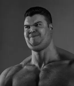 gigachad, nikocado avocado, 1soyjak, black eyes, black hair, buff, closed mouth, fat, gray background, gray skin