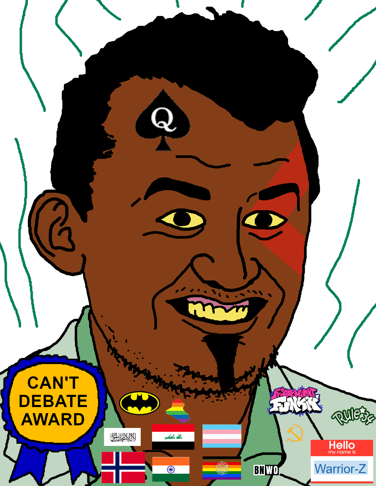 kratos, kirky, 1soyjak, award, batman logo, black hair, brown skin, can't debate award, charlie kirk, communism