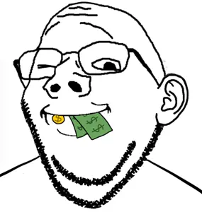 impish, closed mouth, coin, ear, glasses, money, smile, soyjak, stubble, wink