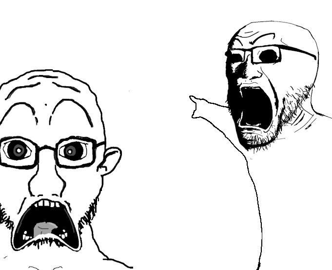 darkiplier, soyak, two pointing soyjaks, doctos, 2soyjaks, black eyes, confused, disgusted, front view, glasses