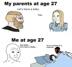 black tradcath, doomer girl wojak, tradwife wojak, wojak, yes chad, beard, bed, black hair, blonde hair, bnwo