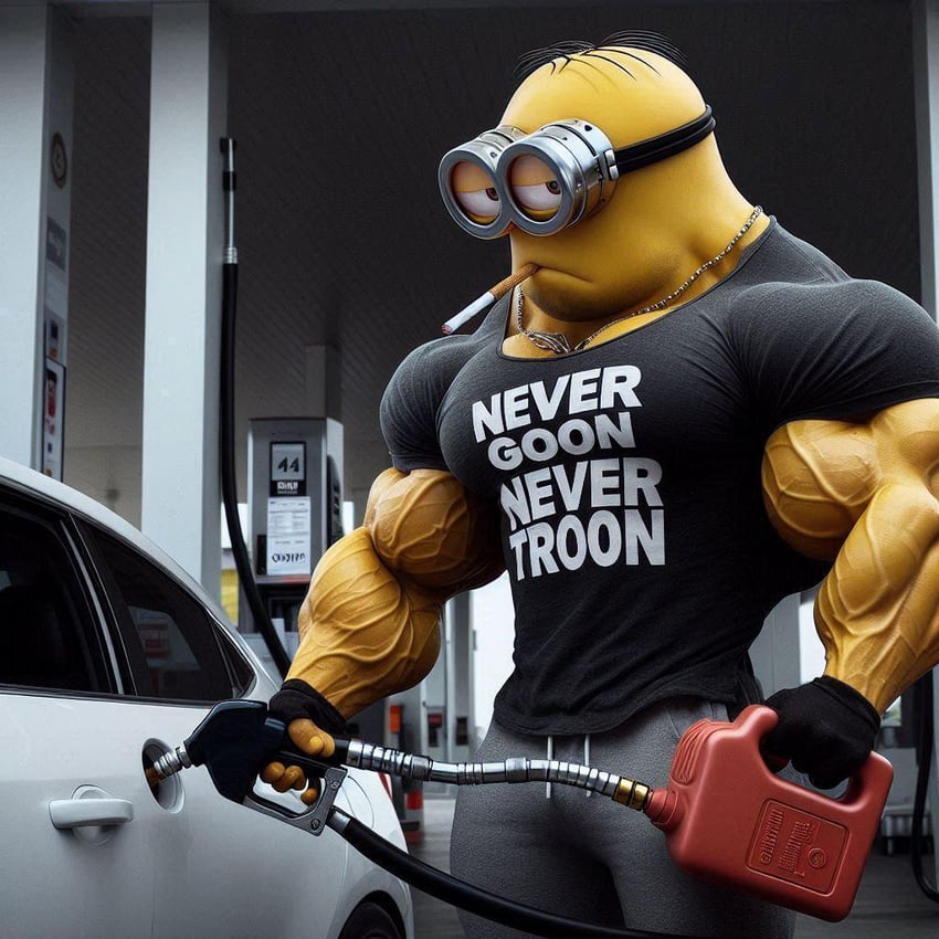 angry, bald, black eyes, buff, car, closed mouth, full body, gas station, gray glasses, looking to the left