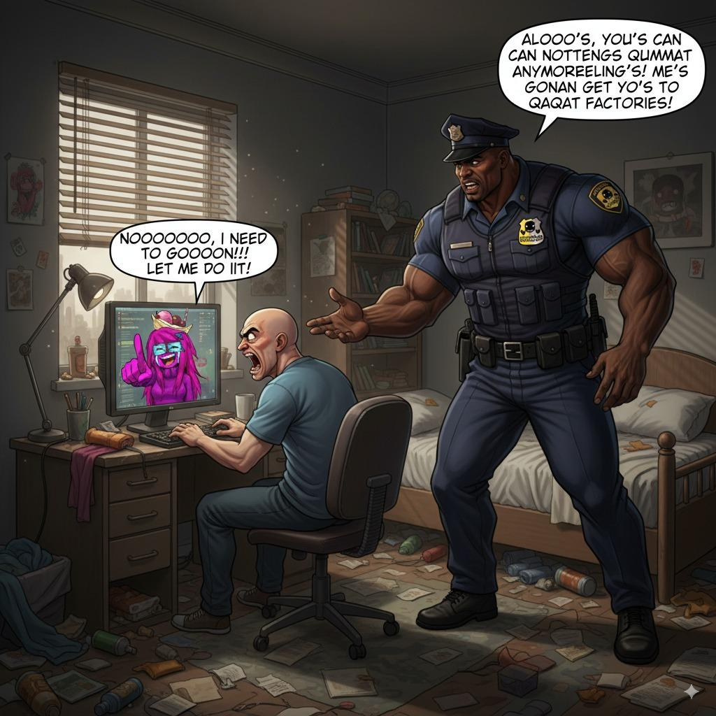 femquote, bald, bebestan, bed, black skin, buff, chair, comic, computer, coomer