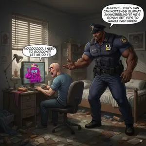 femquote, bald, bebestan, bed, black skin, buff, chair, comic, computer, coomer