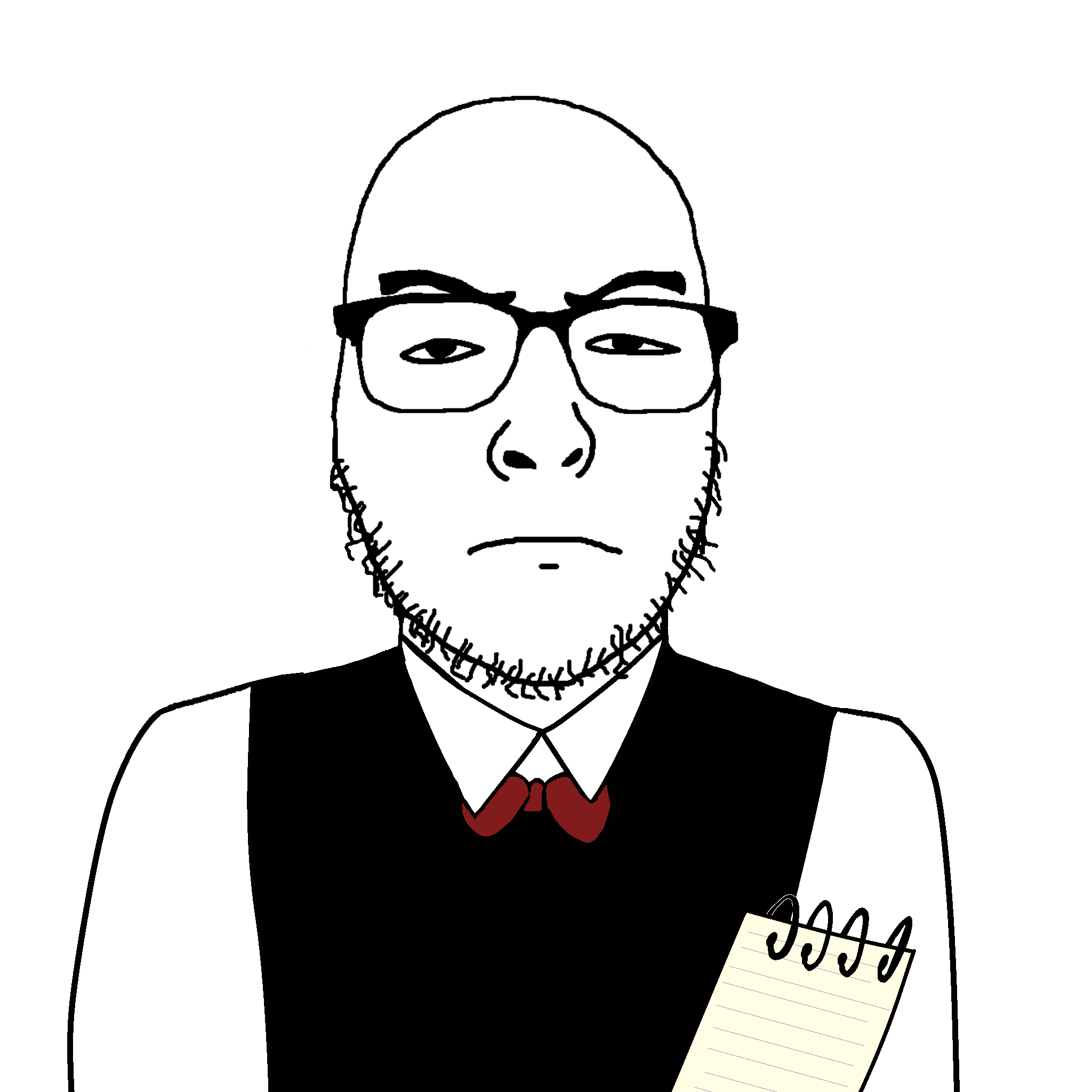 uncjak, 1soyjak, bald, black eyes, bowtie, closed mouth, collared shirt, front view, frown, glasses
