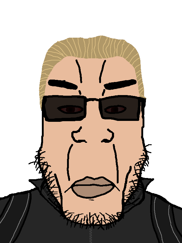 albert wesker, chudjak, markiplier soyjak, chudplier, blonde hair, bloodshot eyes, clothes, glasses, hair, red glow