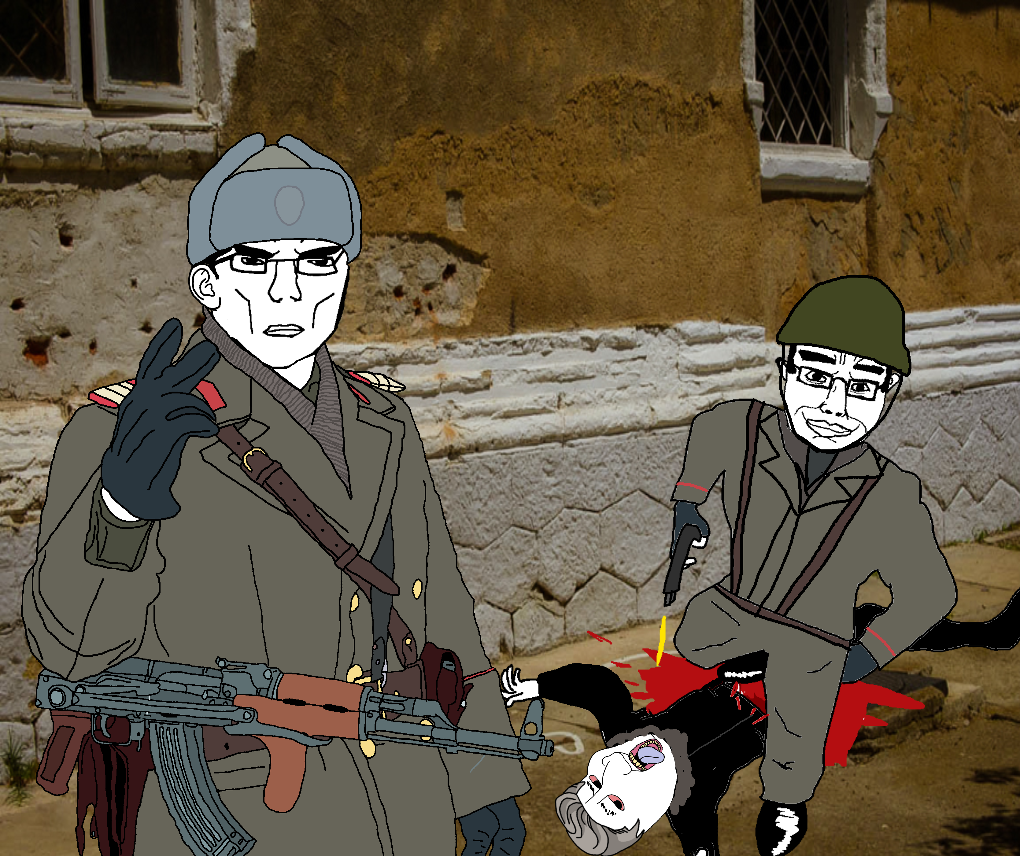 chudjak, smugjak, unbotheredchud, 3soyjaks, ak-47, assault rifle, black eyes, black hair, blood, buff