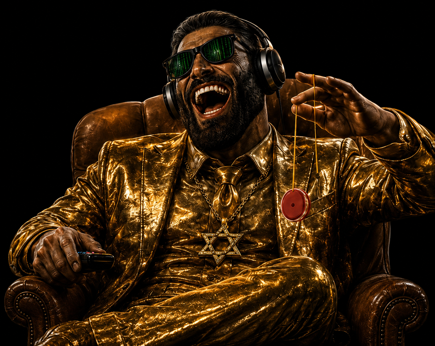 gigachad, beard, chair, cleavage, couch, face, glasses, gold suit, hair, head