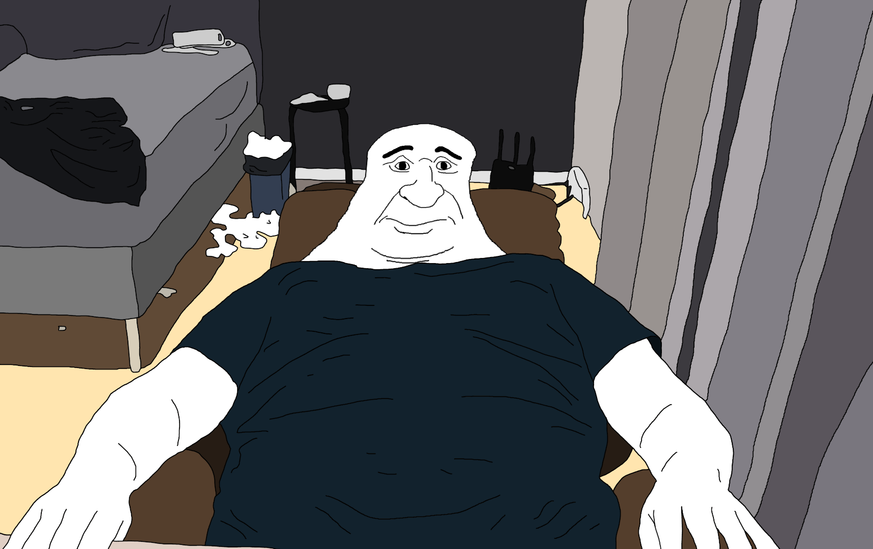 pissluffare, 1soyjak, bald, black eyes, blue shirt, closed mouth, dirty room, drawn background, fat, front view