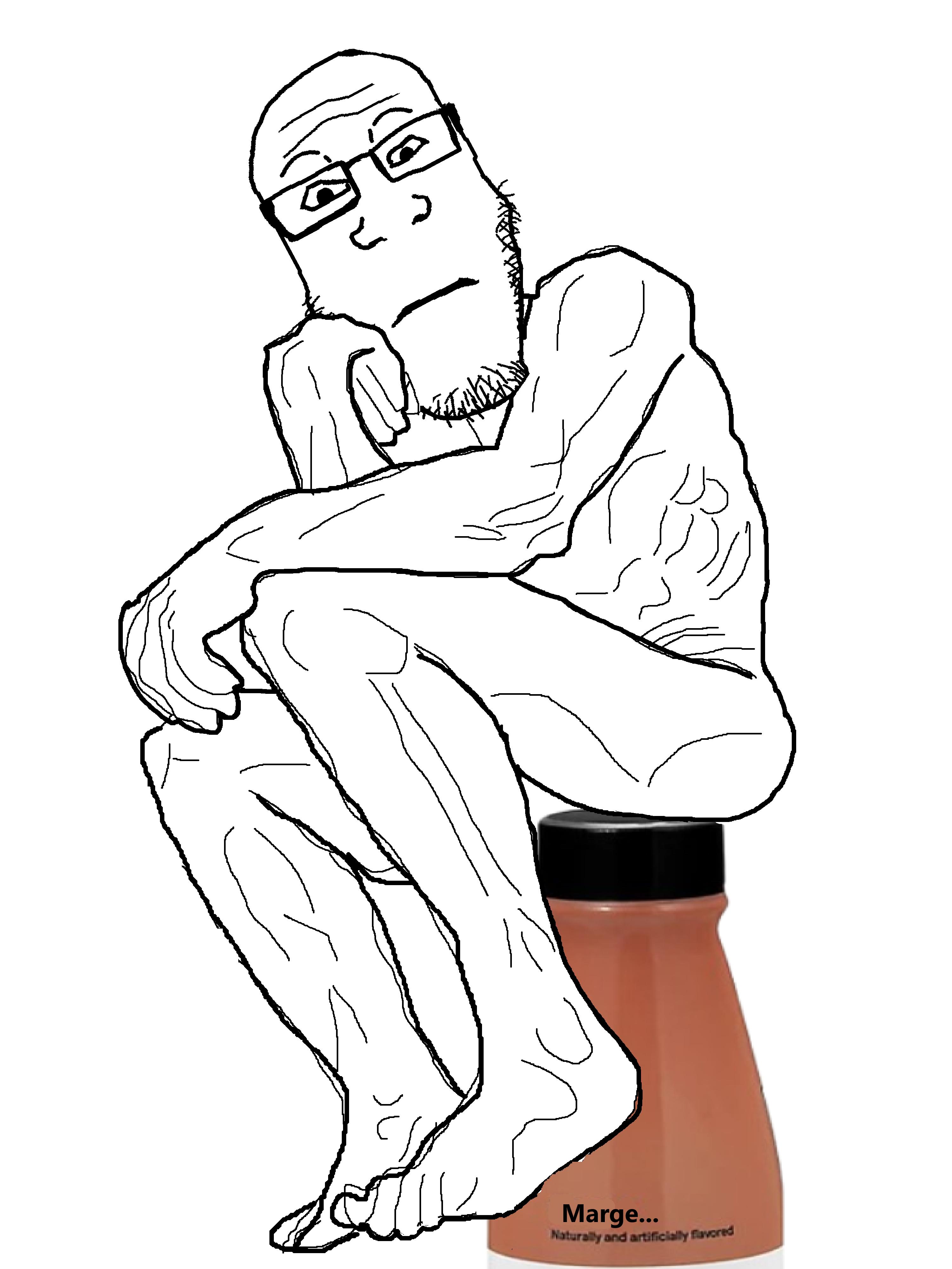 markiplier soyjak, neutralplier, bald, buff, drink, forehead lines, full body, glasses, neutral, soy