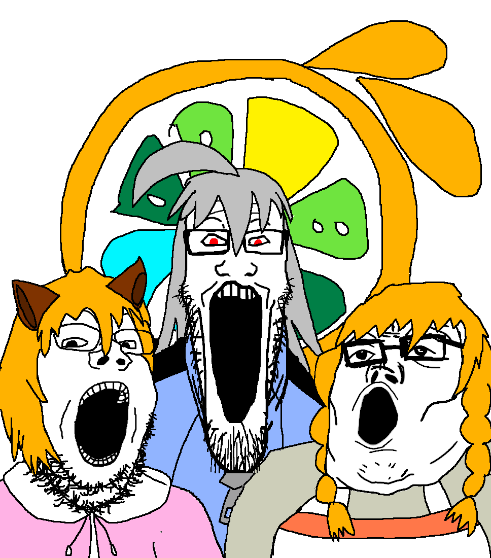 gapejak, markiplier soyjak, tony soprano soyjak, soyjak trio, 100 percent orange juice, 3soyjaks, ahoge, apron, bloodshot eyes, braids