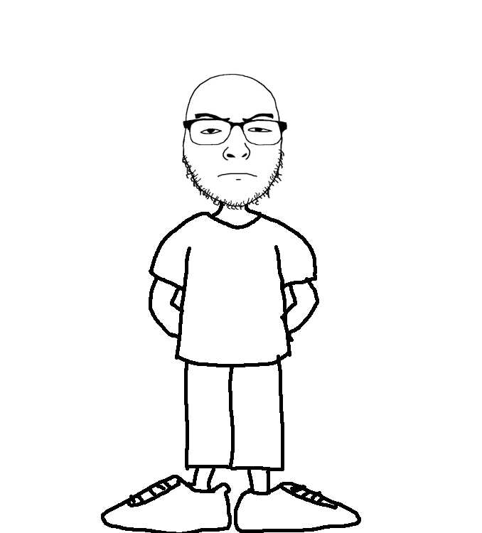 uncjak, full unc, 1soyjak, arms behind, closed mouth, clothes, full body, glasses, legs, looking at you