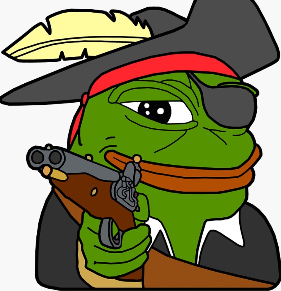 pepe, antique gun, black eyes, black suit, closed mouth, clothes, eyepatch, feather, feather hat, green skin